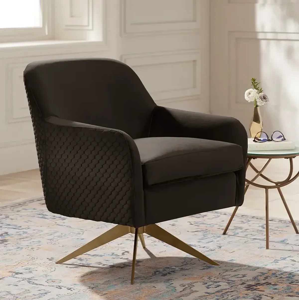 Ames Quilted Espresso Velvet Swivel Chair