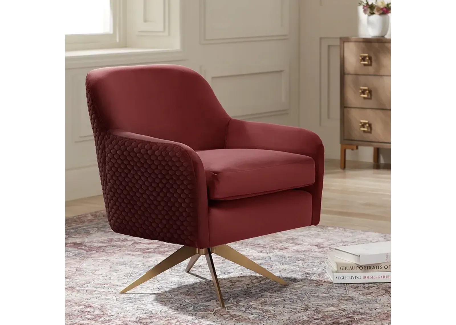 Ames Quilted Wine Velvet Swivel Chair