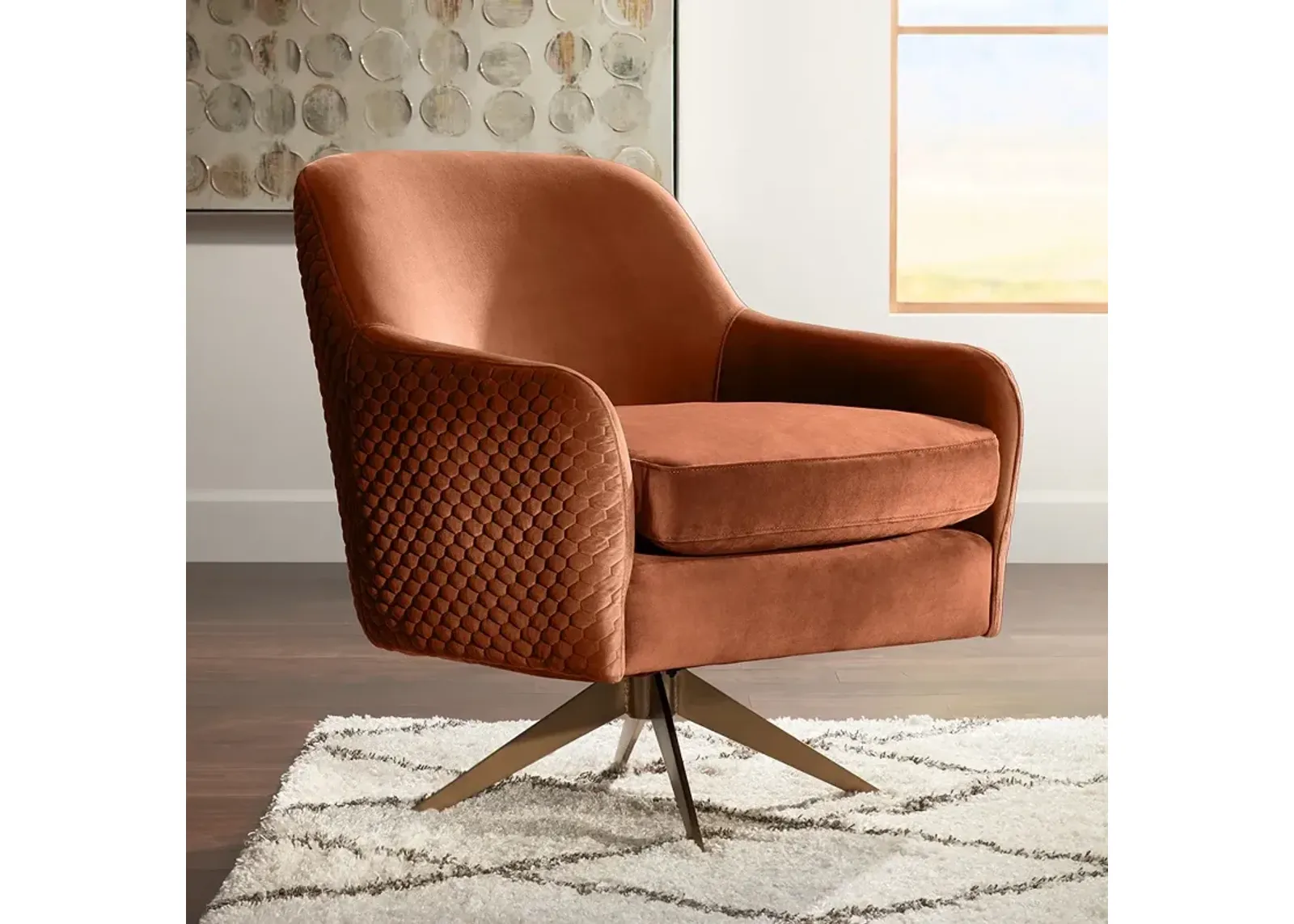 Ames Quilted Pumpkin Velvet Modern Swivel Club Chair