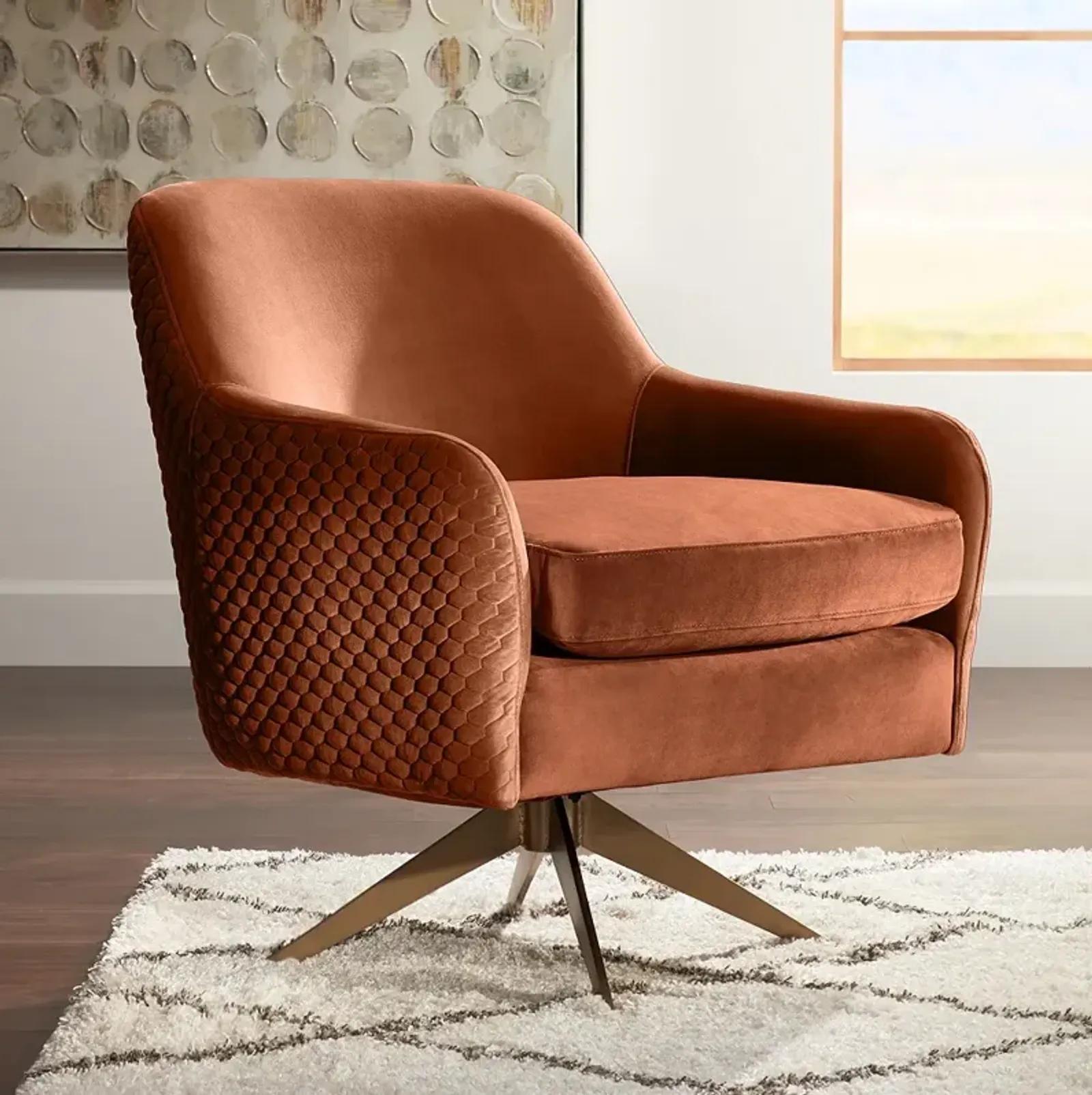 Ames Quilted Pumpkin Velvet Modern Swivel Club Chair