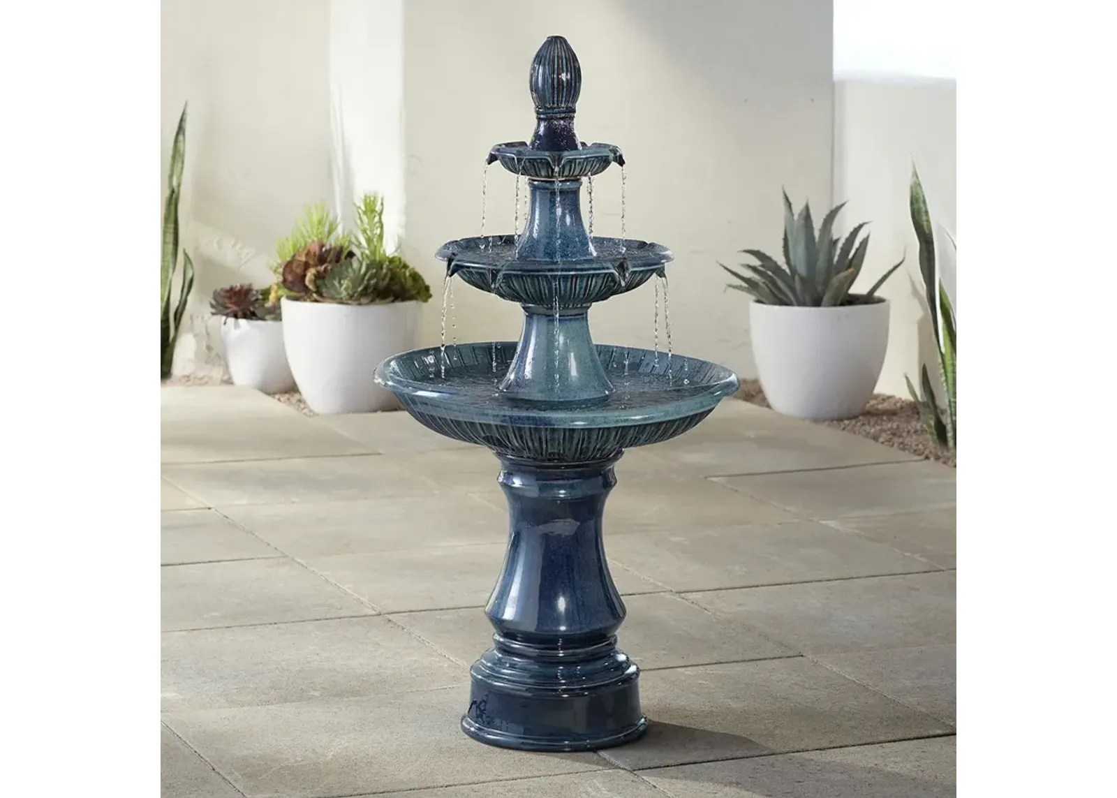 John Timberland Three Tier 46" High Teal Blue Ceramic LED Fountain