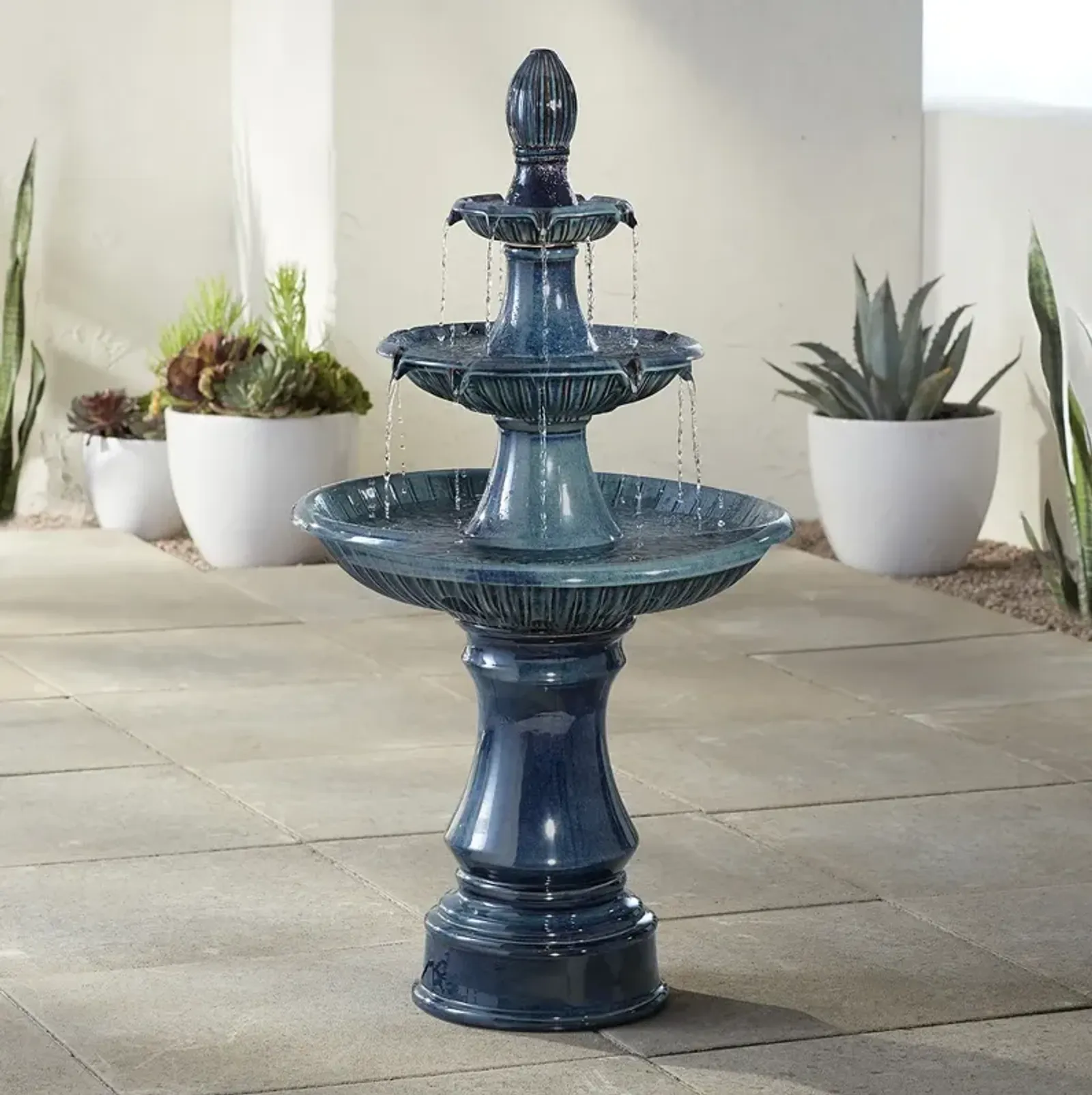 John Timberland Three Tier 46" High Teal Blue Ceramic LED Fountain