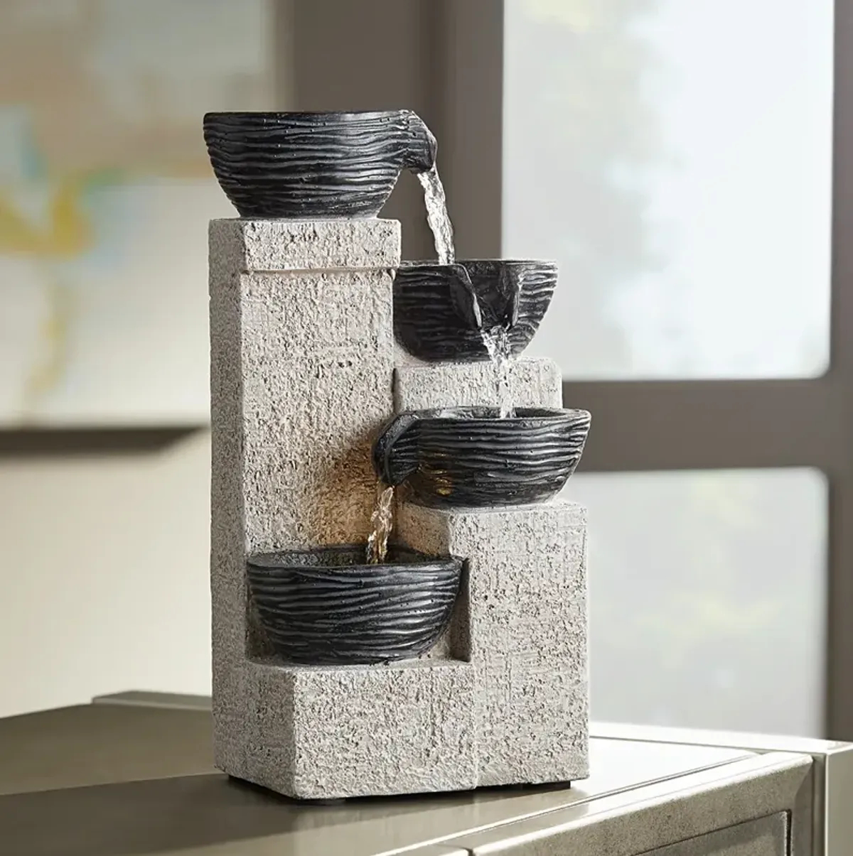 Four Cup 11" High Gray LED Cascading Water Fountain