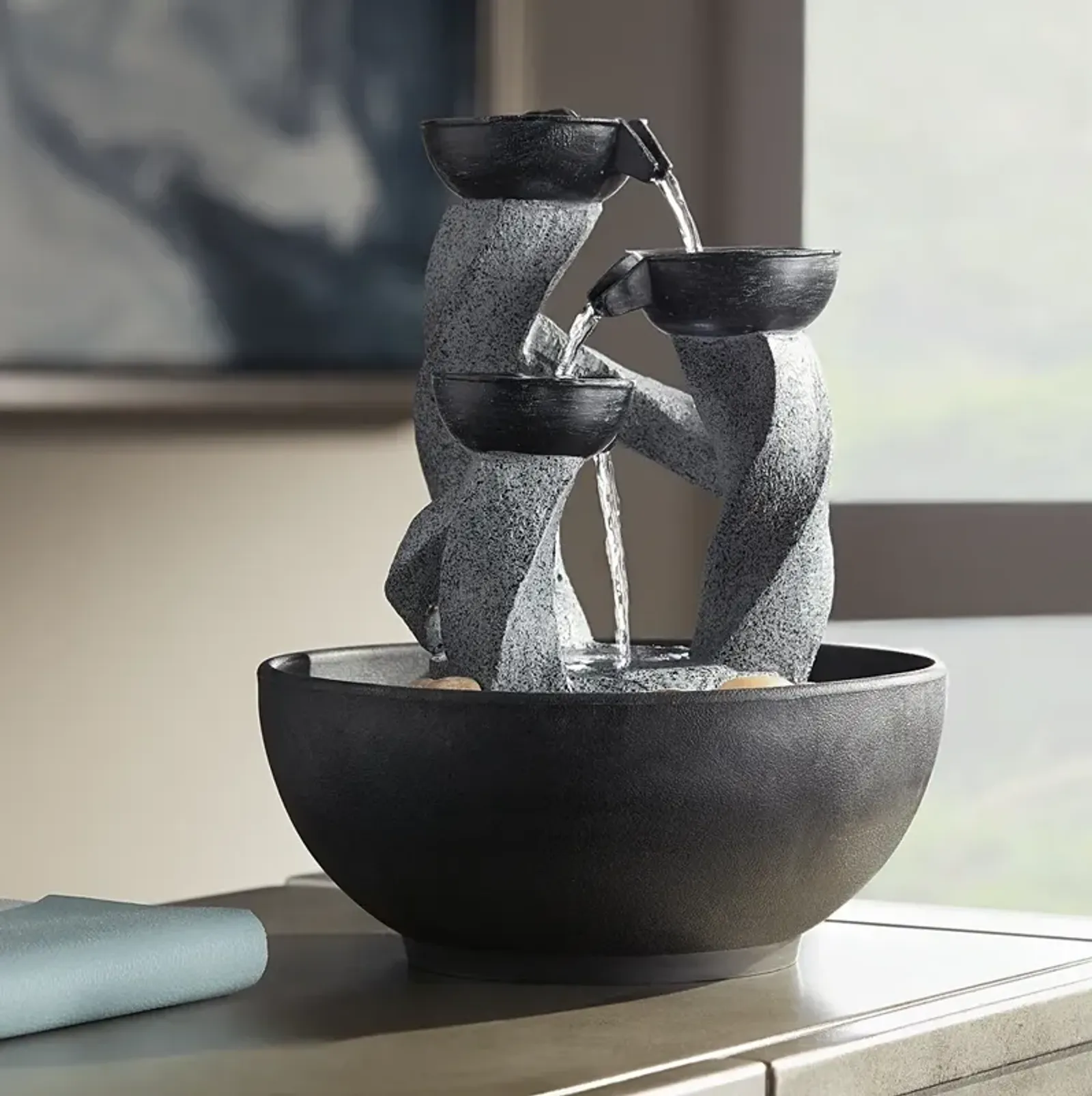 Three Twist Column 11" High LED Cascading Tabletop Fountain