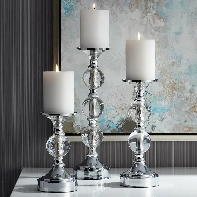 Caroline Chrome and Crystal Pillar Candle Holders Set of 3