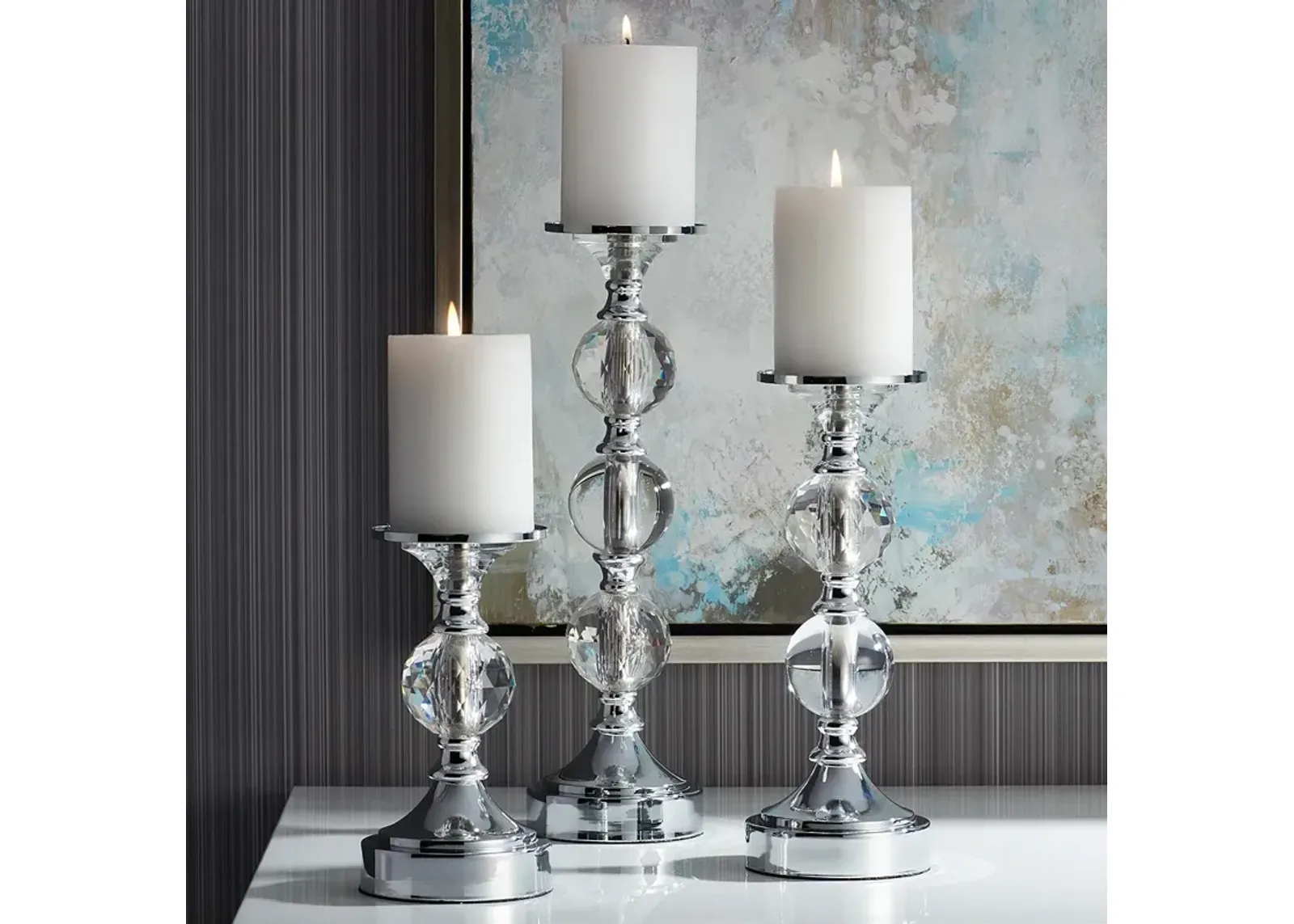 Caroline Chrome and Crystal Pillar Candle Holders Set of 3