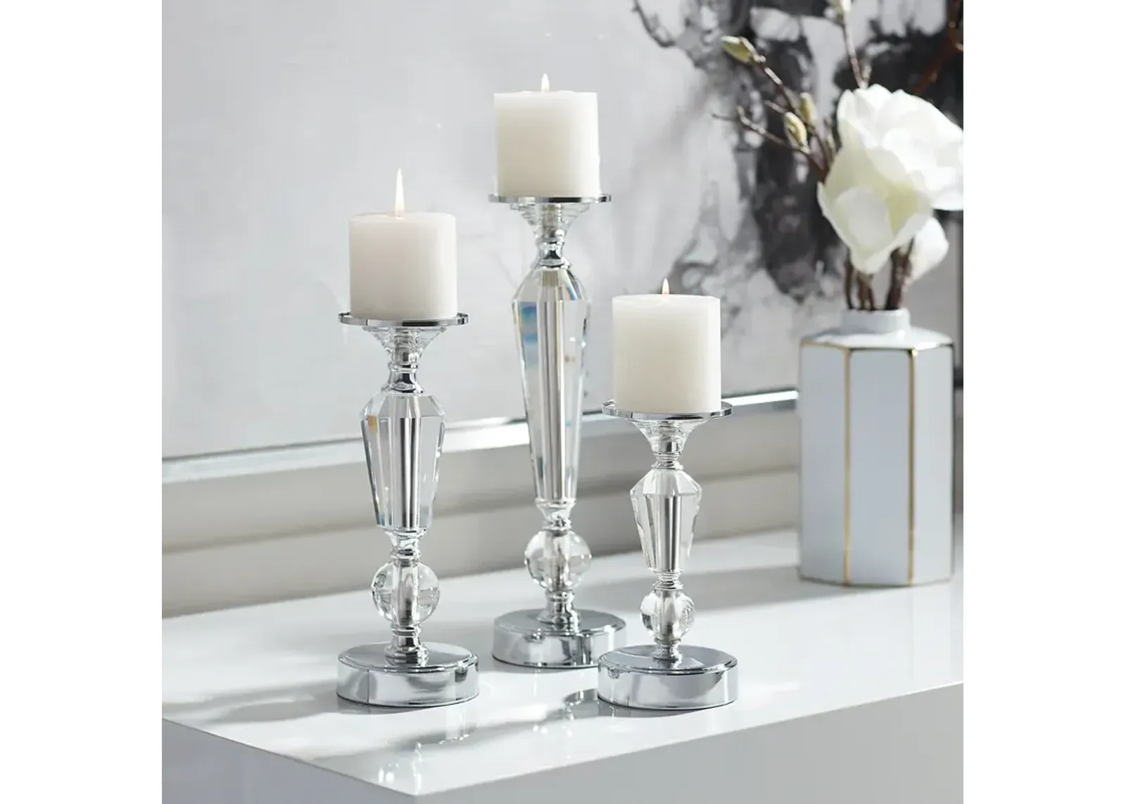 Alix Chrome and Crystal Pillar Candle Holders Set of 3