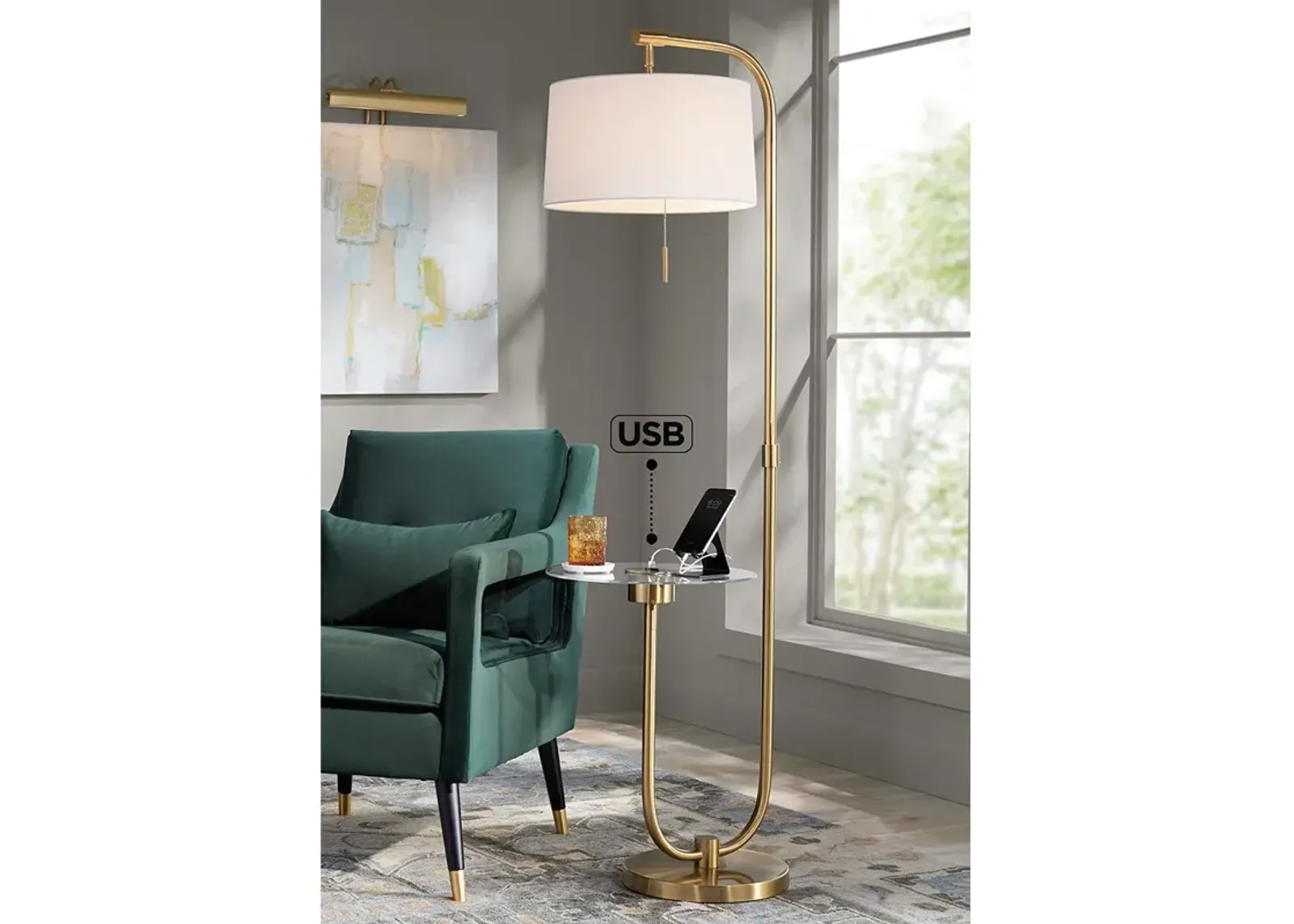 Possini Euro Volta 66" Antique Brass USB Tray Table Floor Lamp