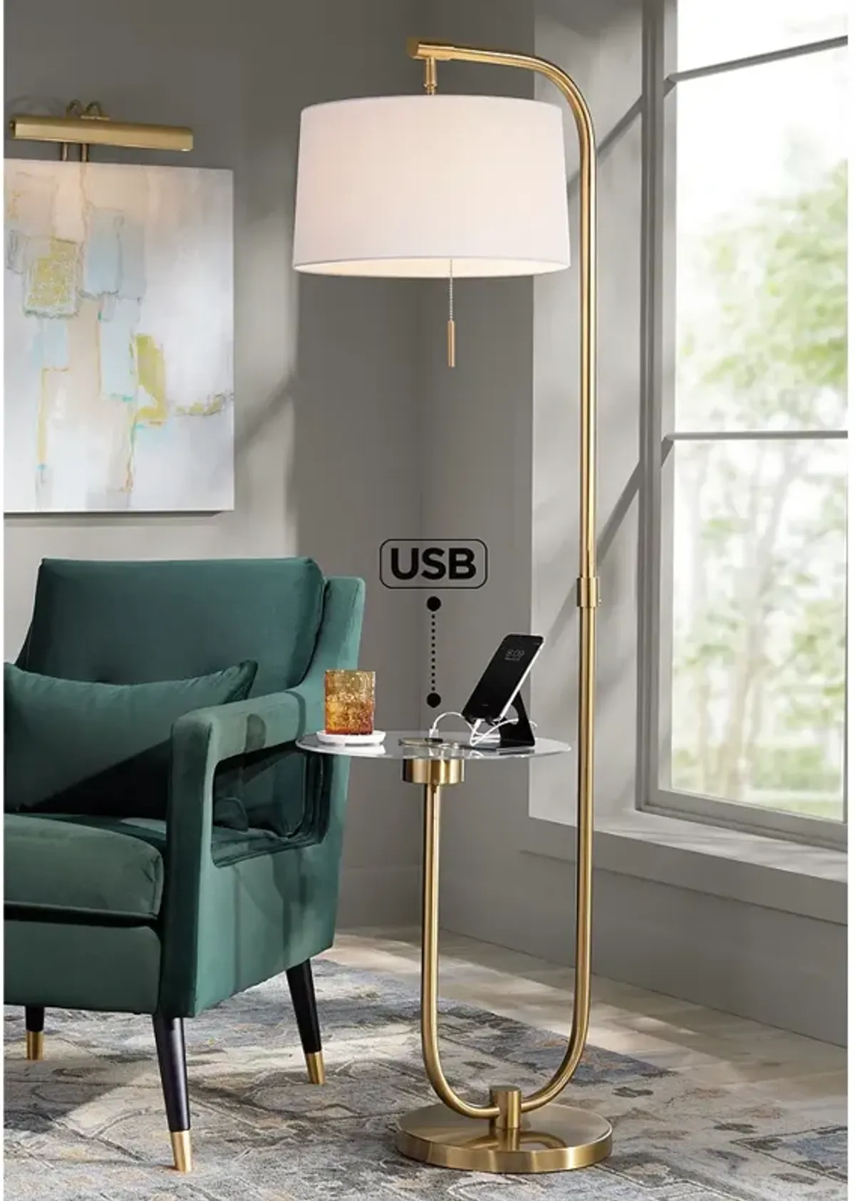 Possini Euro Volta 66" Antique Brass USB Tray Table Floor Lamp