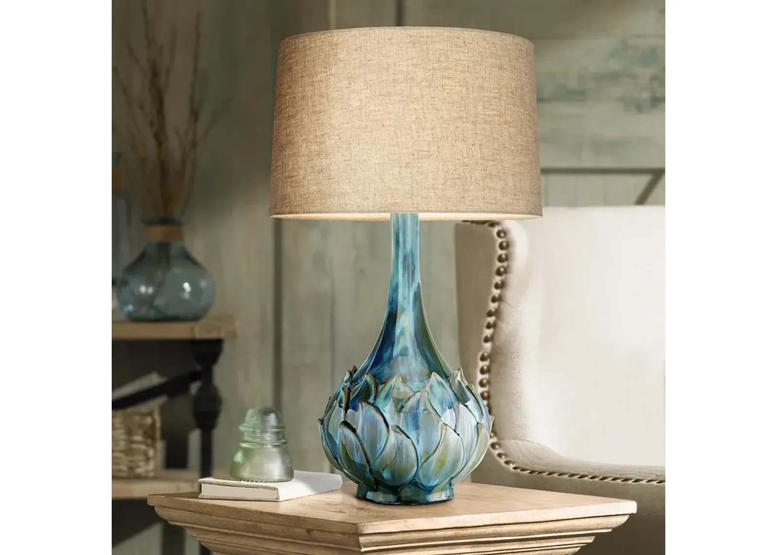 Possini Euro Kenya Flower 29 1/2" Blue Green Ceramic Table Lamp