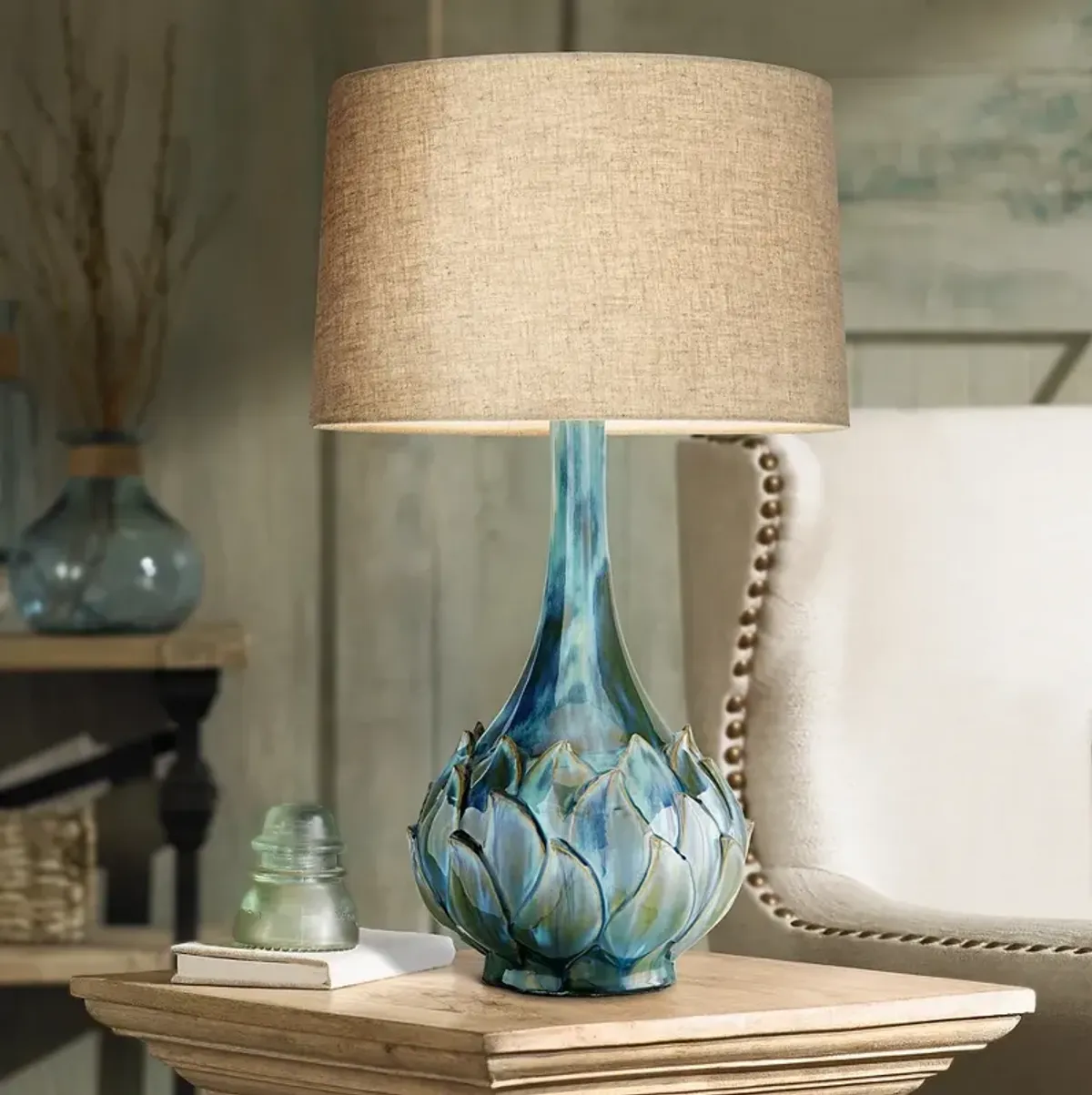 Possini Euro Kenya Flower 29 1/2" Blue Green Ceramic Table Lamp