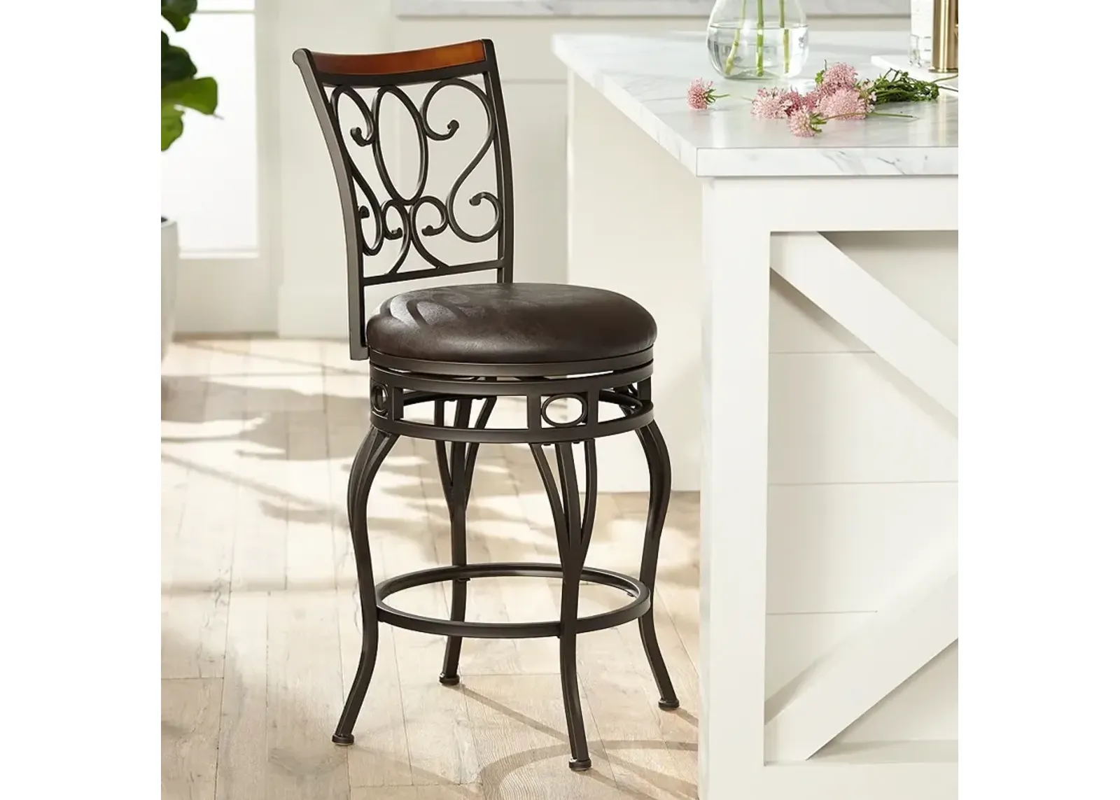 Trevi 26 1/2" Wood and Bronze Metal Scroll Back Swivel Counter Stool