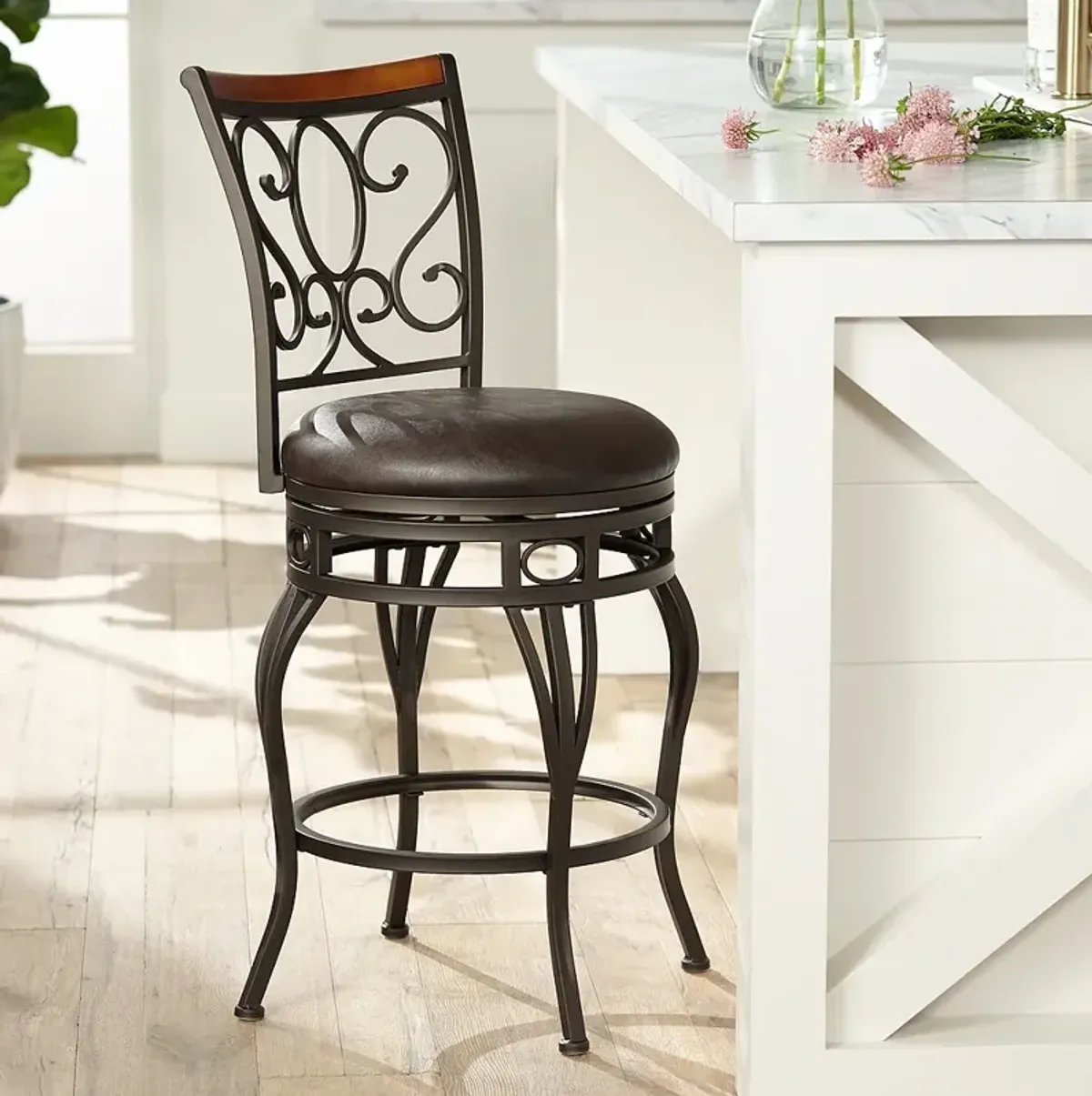 Trevi 26 1/2" Wood and Bronze Metal Scroll Back Swivel Counter Stool