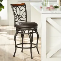 Trevi 26 1/2" Wood and Bronze Metal Scroll Back Swivel Counter Stool