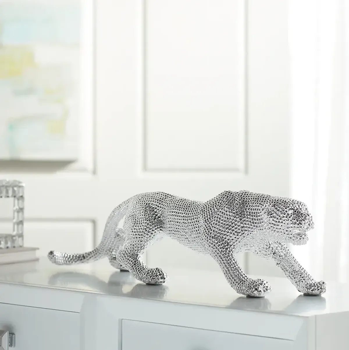 Prowling 23 1/2" Wide Electroplated Silver Leopard Sculpture