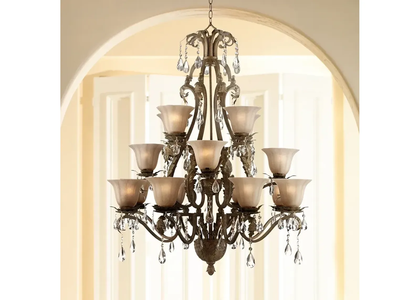 Franklin Iron Works 39" Roman Bronze and Crystal Tiered Chandelier