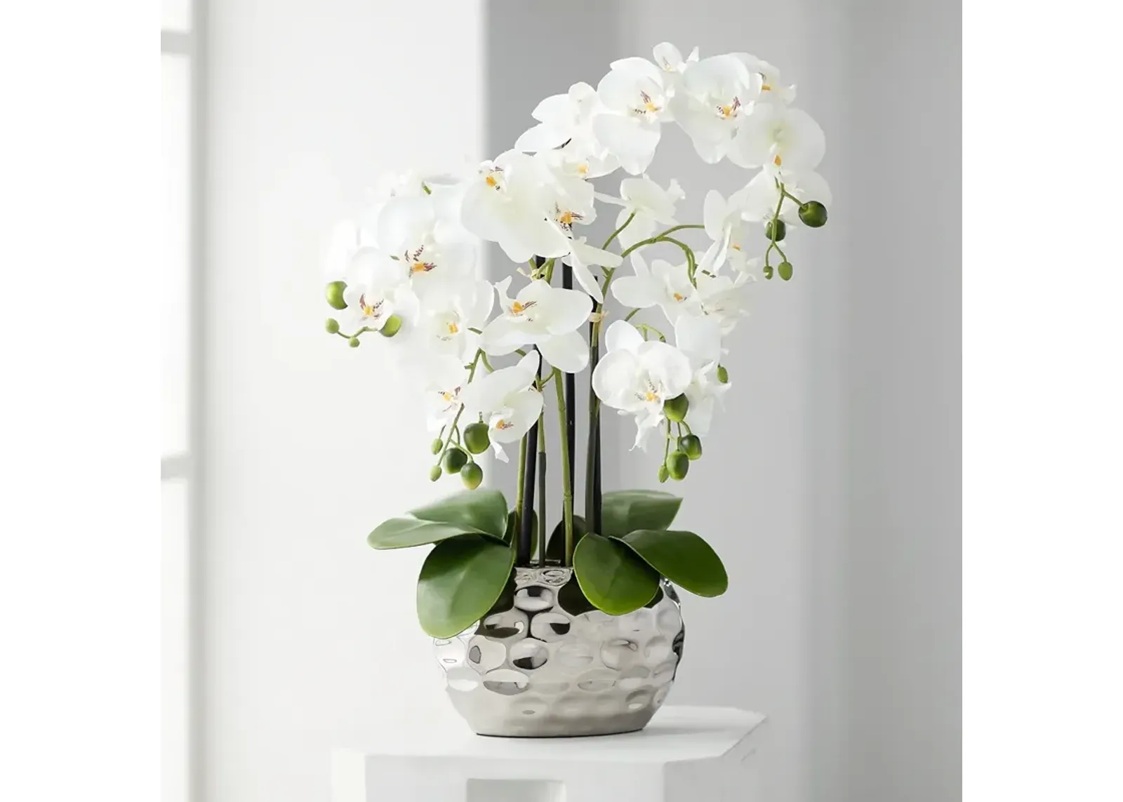 White Phalaenopsis 23" High Faux Orchid Flower in Silver Resin Pot