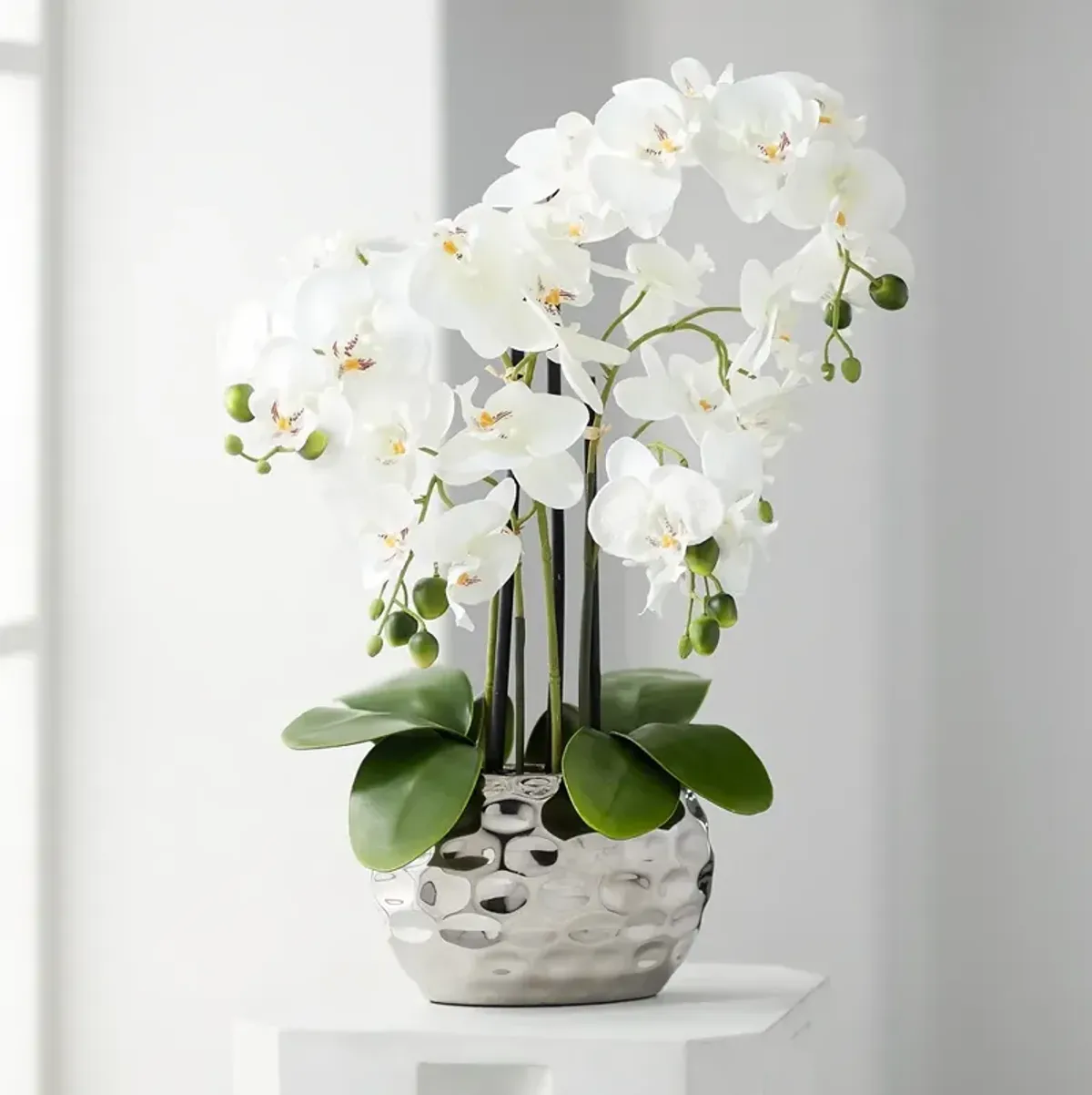 White Phalaenopsis 23" High Faux Orchid Flower in Silver Resin Pot