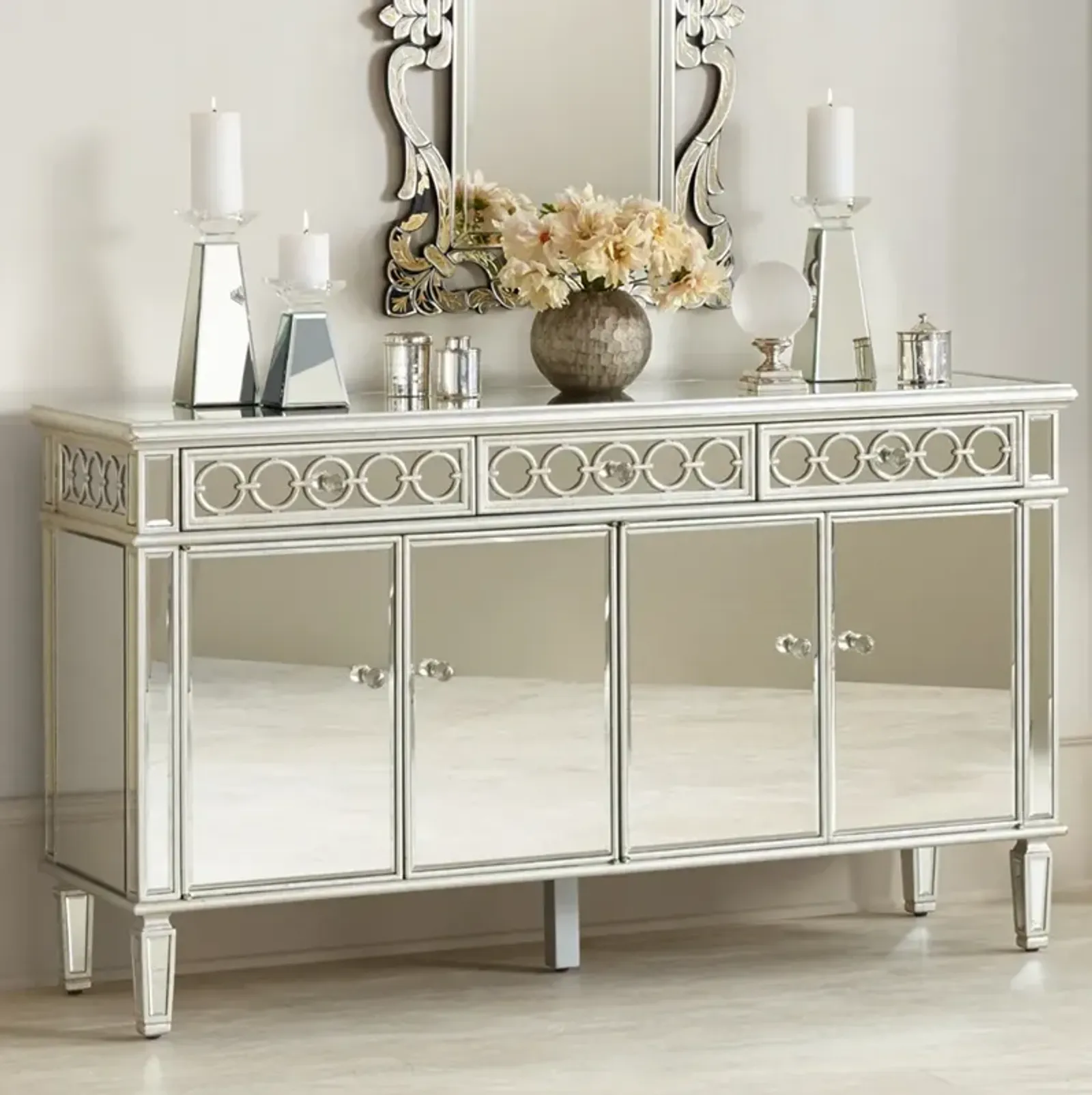 Elizabeth 60" Wide 4-Door Silver Mirrored Buffet Cabinet