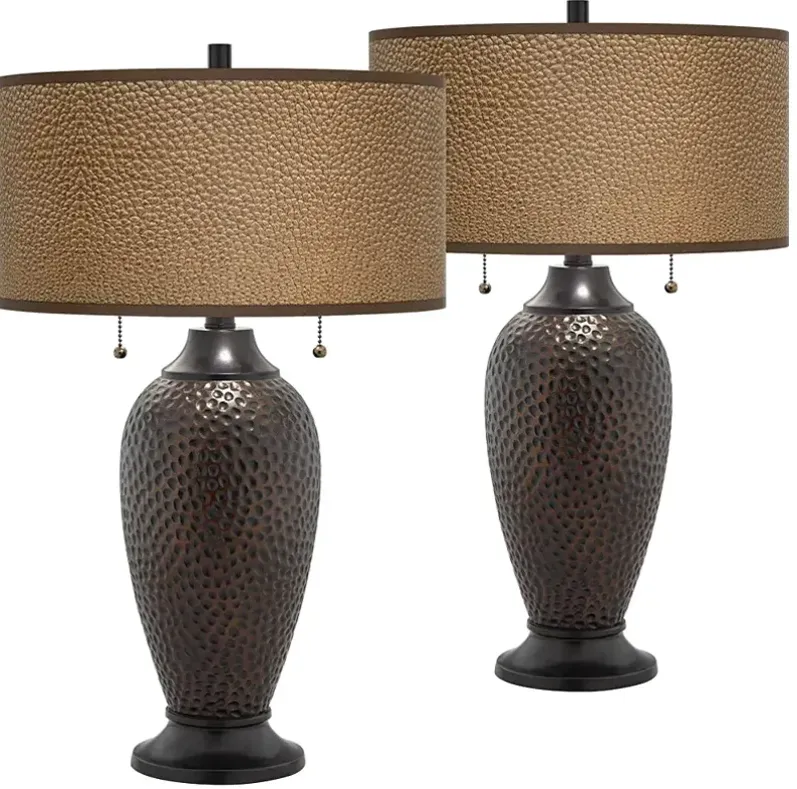 Simulated Leatherette Zoey Hammered Bronze Table Lamps Set of 2
