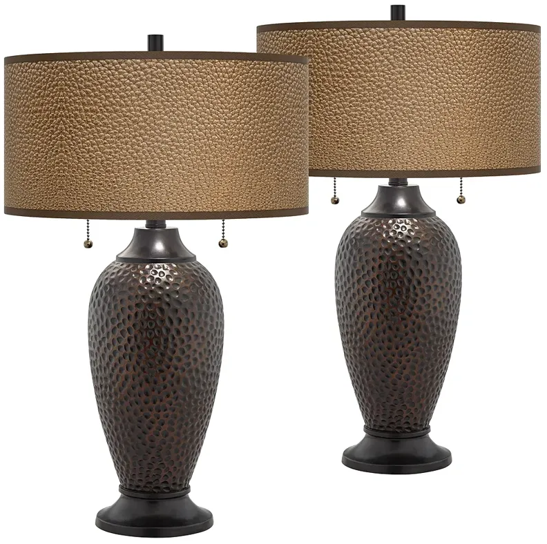 Simulated Leatherette Zoey Hammered Bronze Table Lamps Set of 2