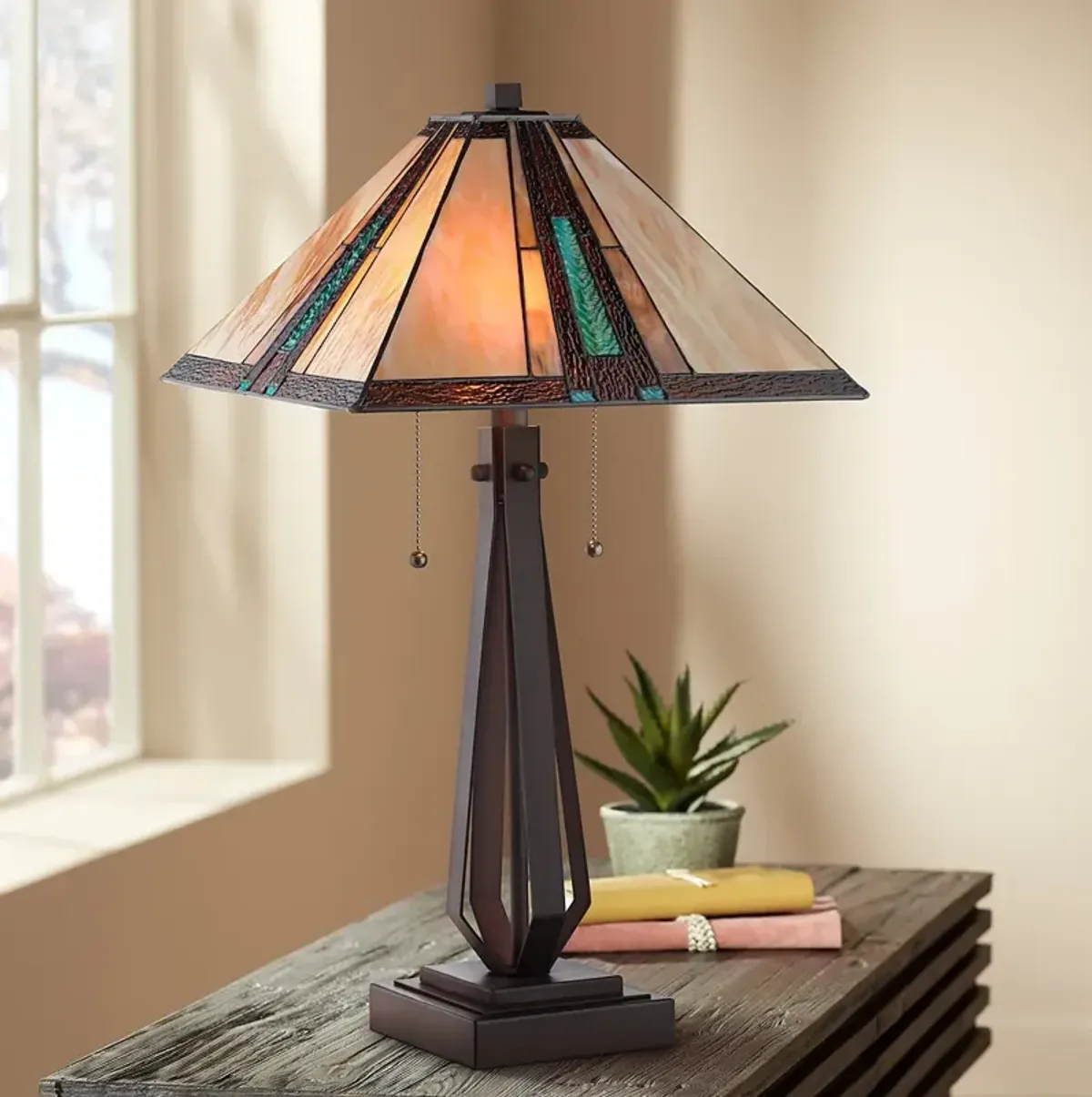Franklin Iron Works 25" Mission Bronze Tiffany-Style Glass Table Lamp