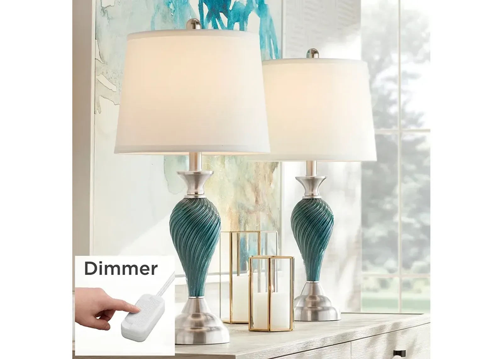 Regency Hill Arden 25" Green-Blue Glass Lamps Set with Dimmers