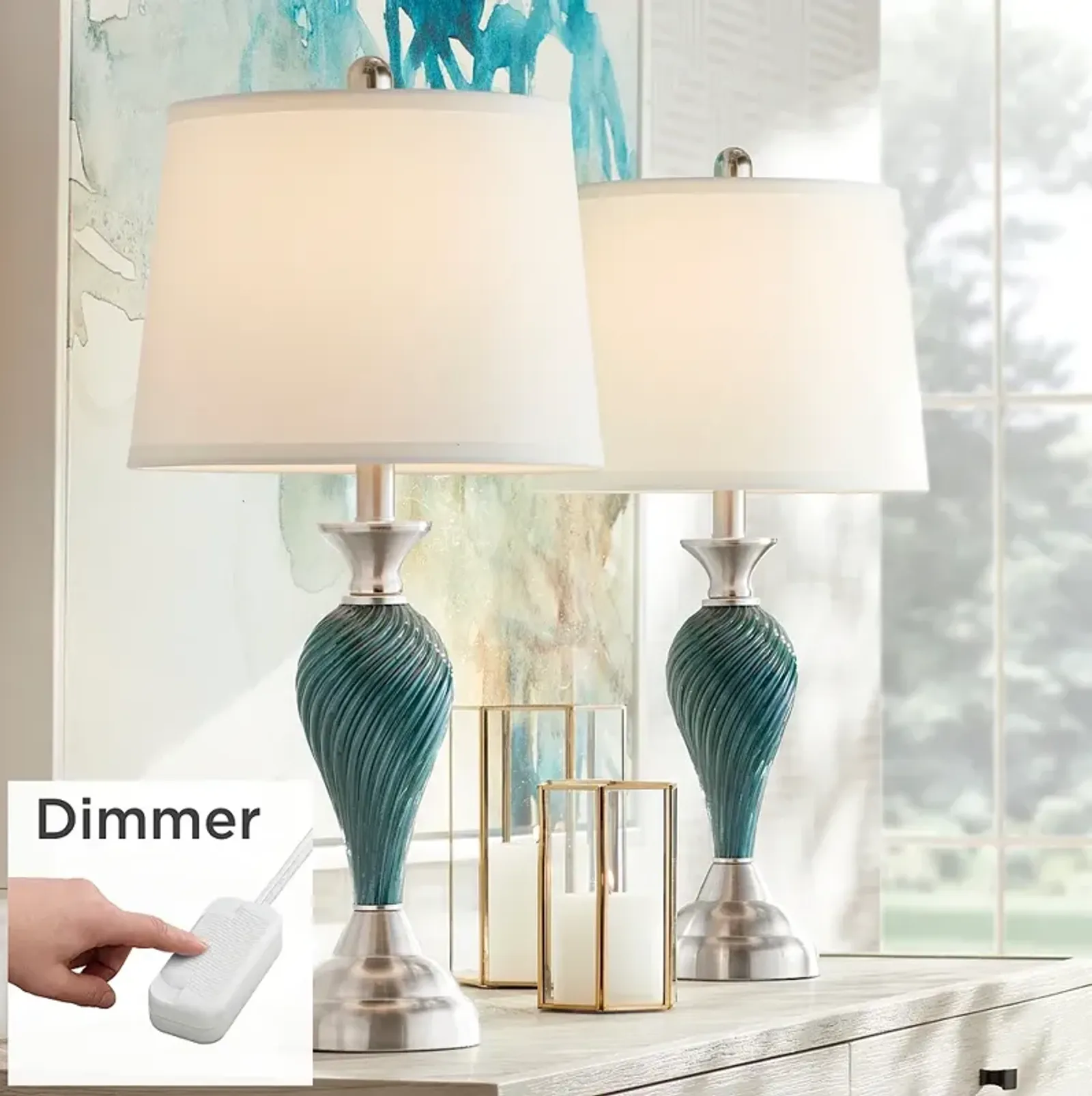 Regency Hill Arden 25" Green-Blue Glass Lamps Set with Dimmers