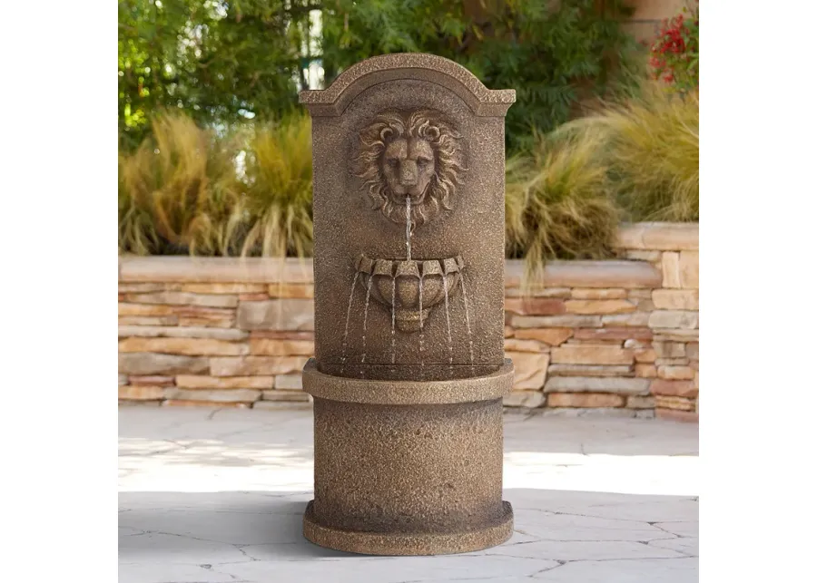 Lion Face 45"H Sandstone Outdoor LED Wall/Floor Fountain