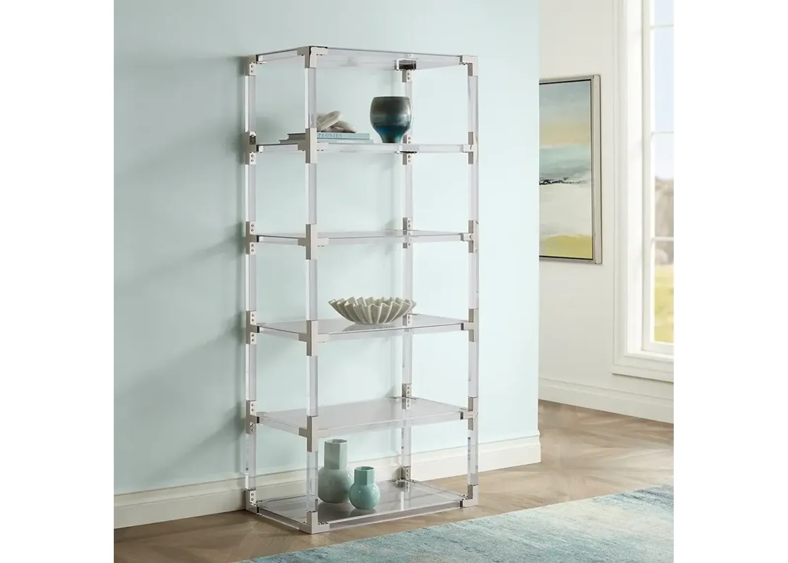 Hanna 70 3/4" Clear Acrylic and Chrome 6-Shelf Open Bookcase