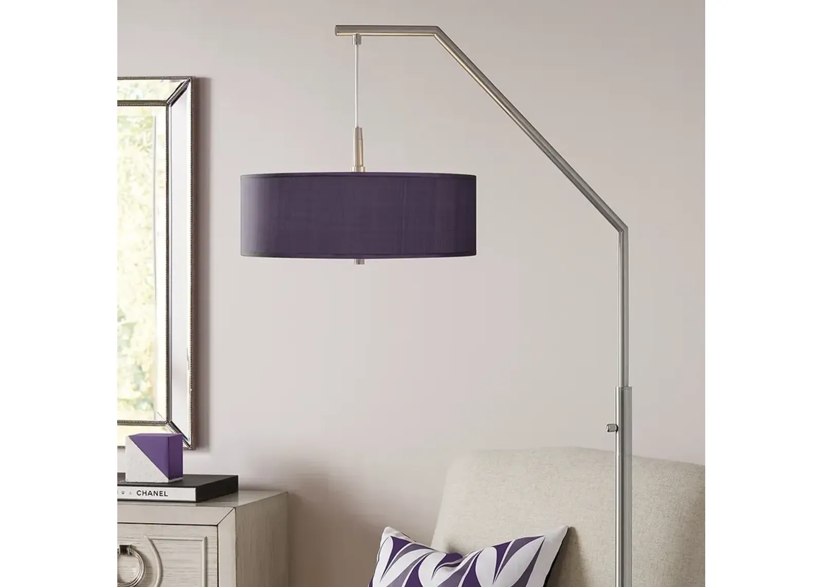 Possini Euro 71 1/2" Eggplant Purple Faux Silk Modern Arc Floor Lamp