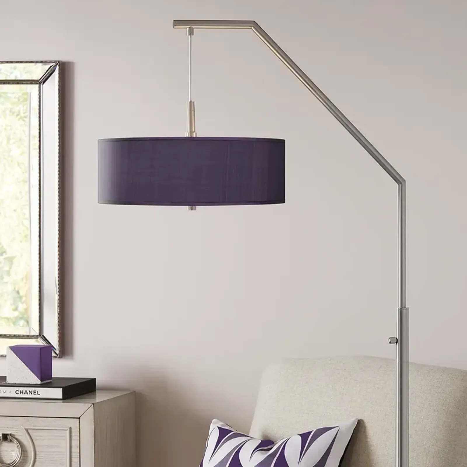 Possini Euro 71 1/2" Eggplant Purple Faux Silk Modern Arc Floor Lamp