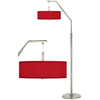 Possini Euro Red Textured Faux Silk Modern Arc Floor Lamp