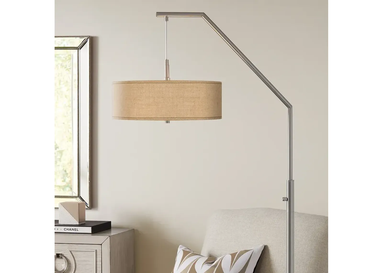 Possini Euro 71 1/2" Nickel and Woven Burlap Modern Arc Floor Lamp