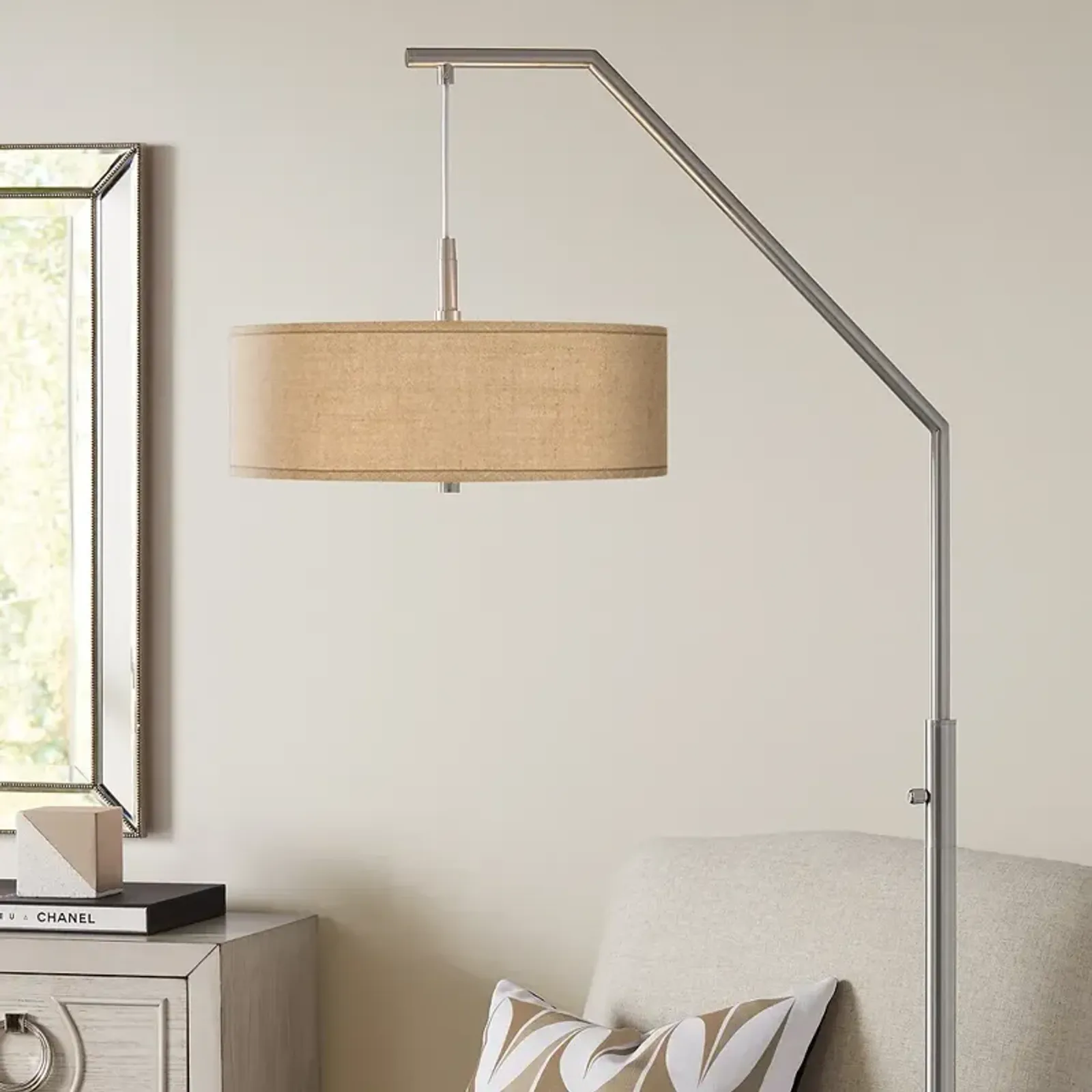 Possini Euro 71 1/2" Nickel and Woven Burlap Modern Arc Floor Lamp