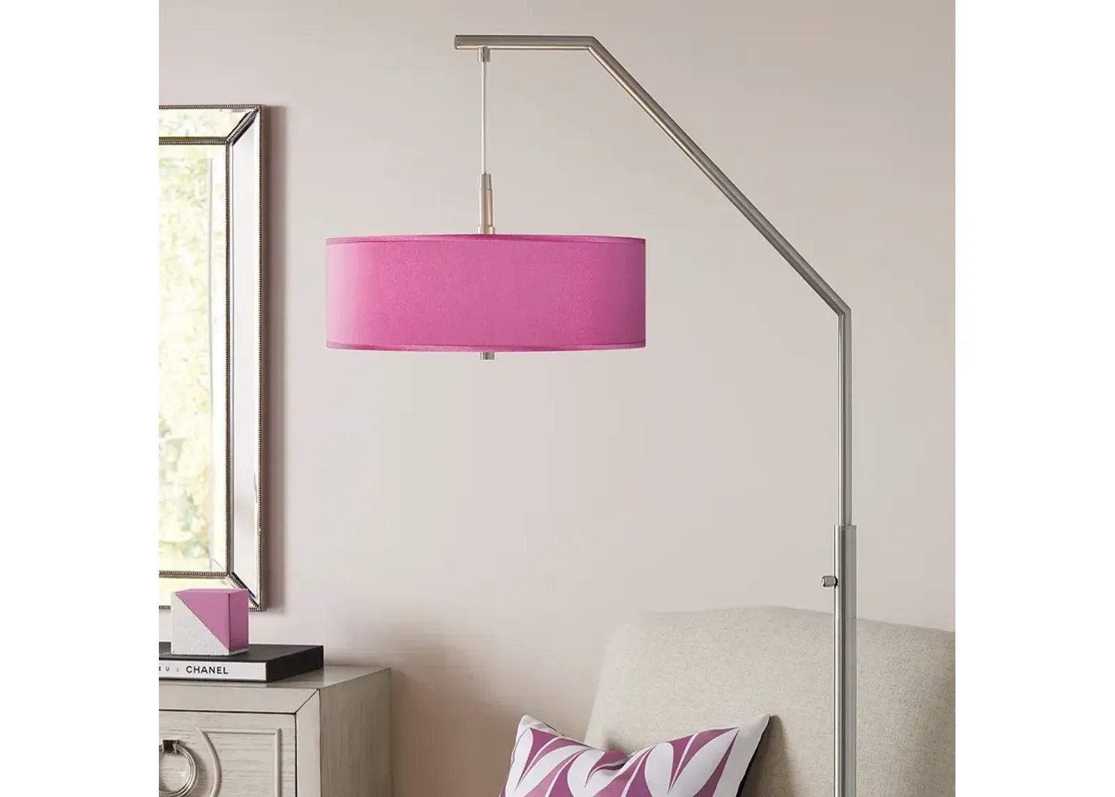 Possini Euro 71 1/2" Pink Orchid Faux Silk Shade Modern Arc Floor Lamp