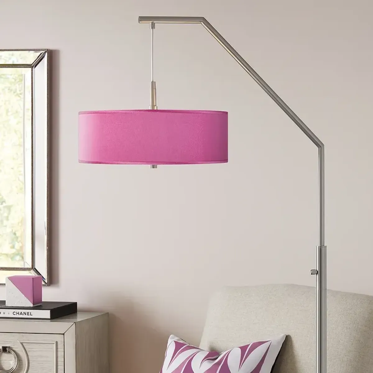 Possini Euro 71 1/2" Pink Orchid Faux Silk Shade Modern Arc Floor Lamp