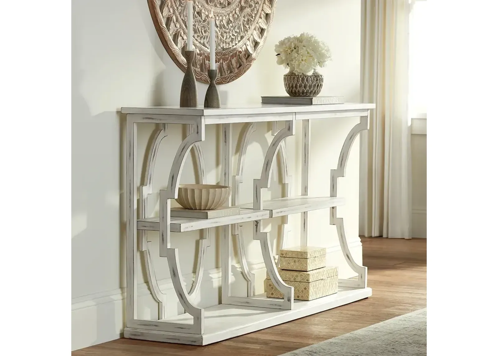 Stockton 64" Wide Antique White 3-Tier Console Table