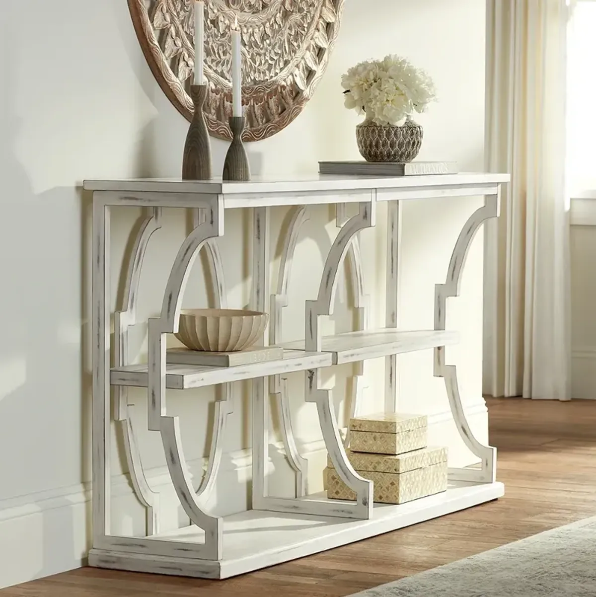 Stockton 64" Wide Antique White 3-Tier Console Table