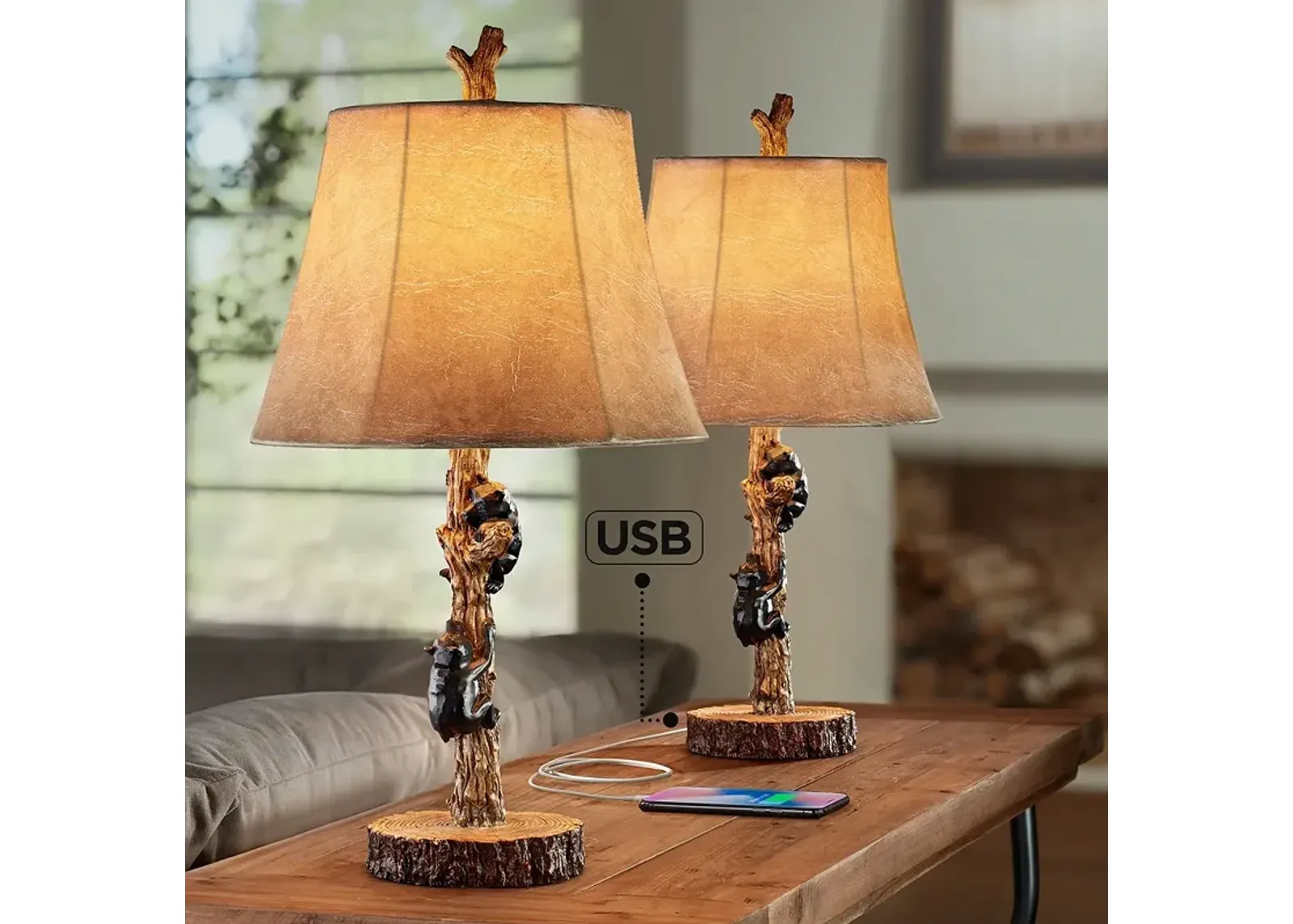 John Timberland Climbing Bears 22 1/2" Rustic USB Table Lamps Set of 2