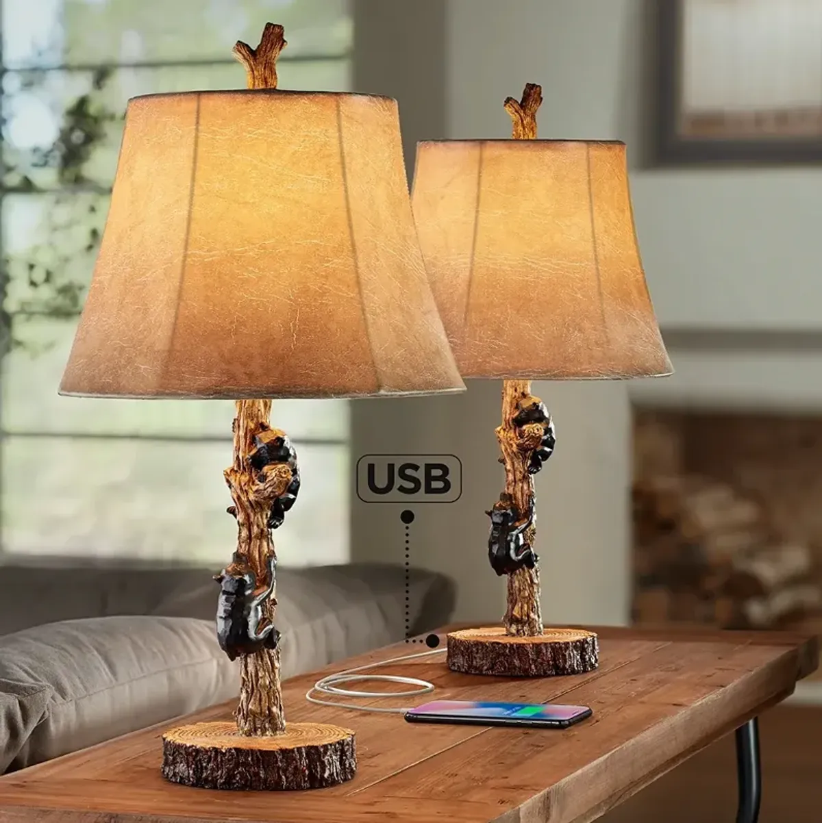 John Timberland Climbing Bears 22 1/2" Rustic USB Table Lamps Set of 2