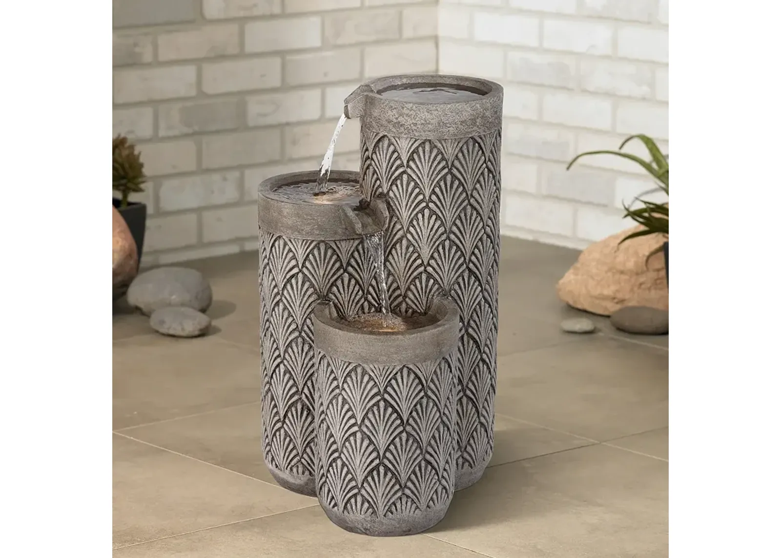 Havara 26"H Gray Stone 3-Tier Outdoor LED Floor Fountain