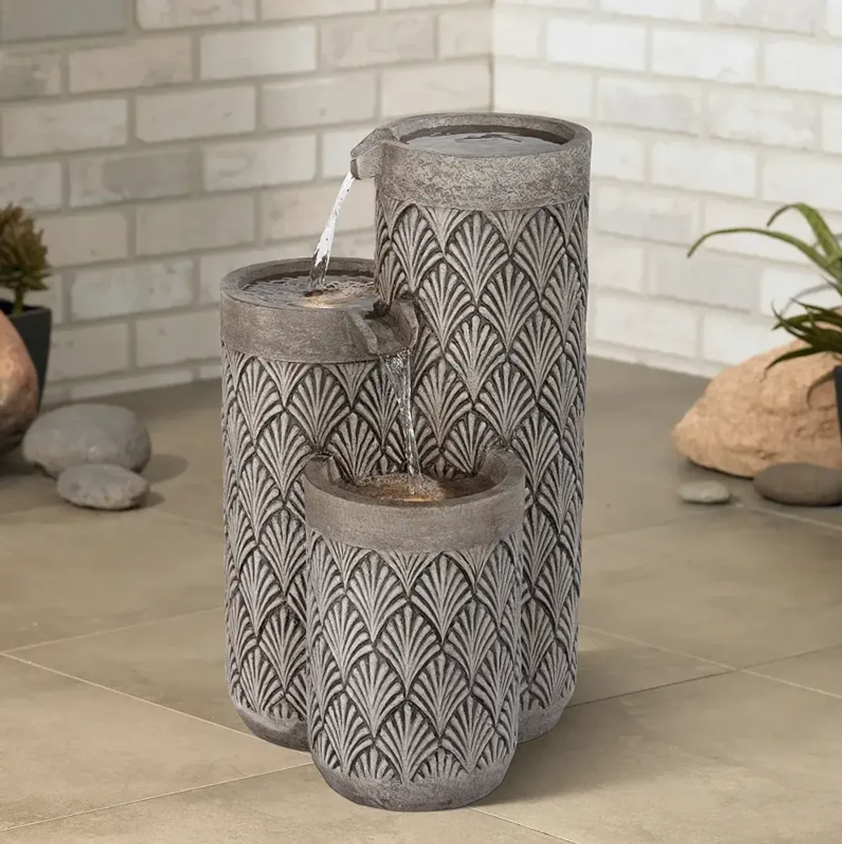 Havara 26"H Gray Stone 3-Tier Outdoor LED Floor Fountain