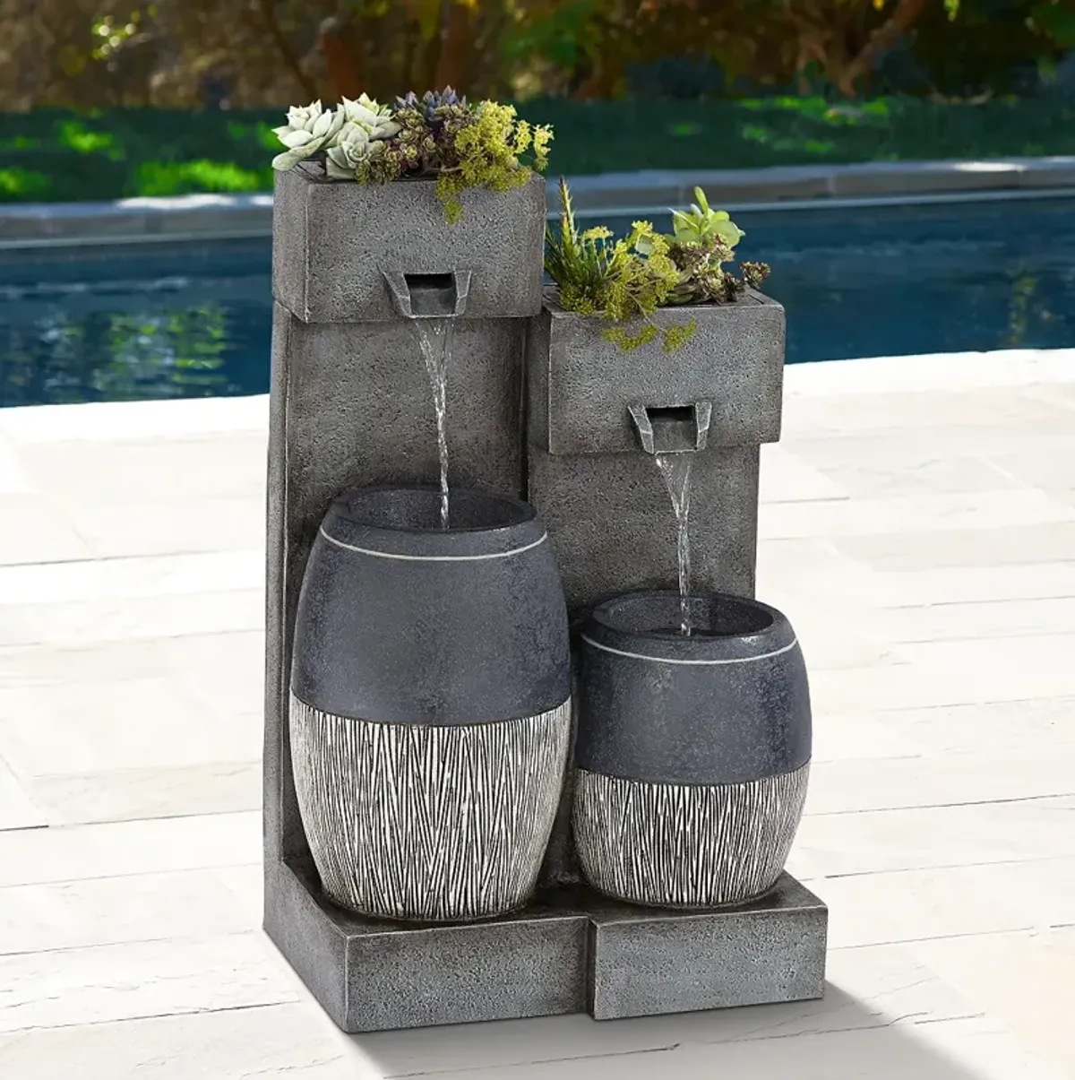 Mendit 29" High Gray Stone 2-Jar Outdoor LED Floor Fountain