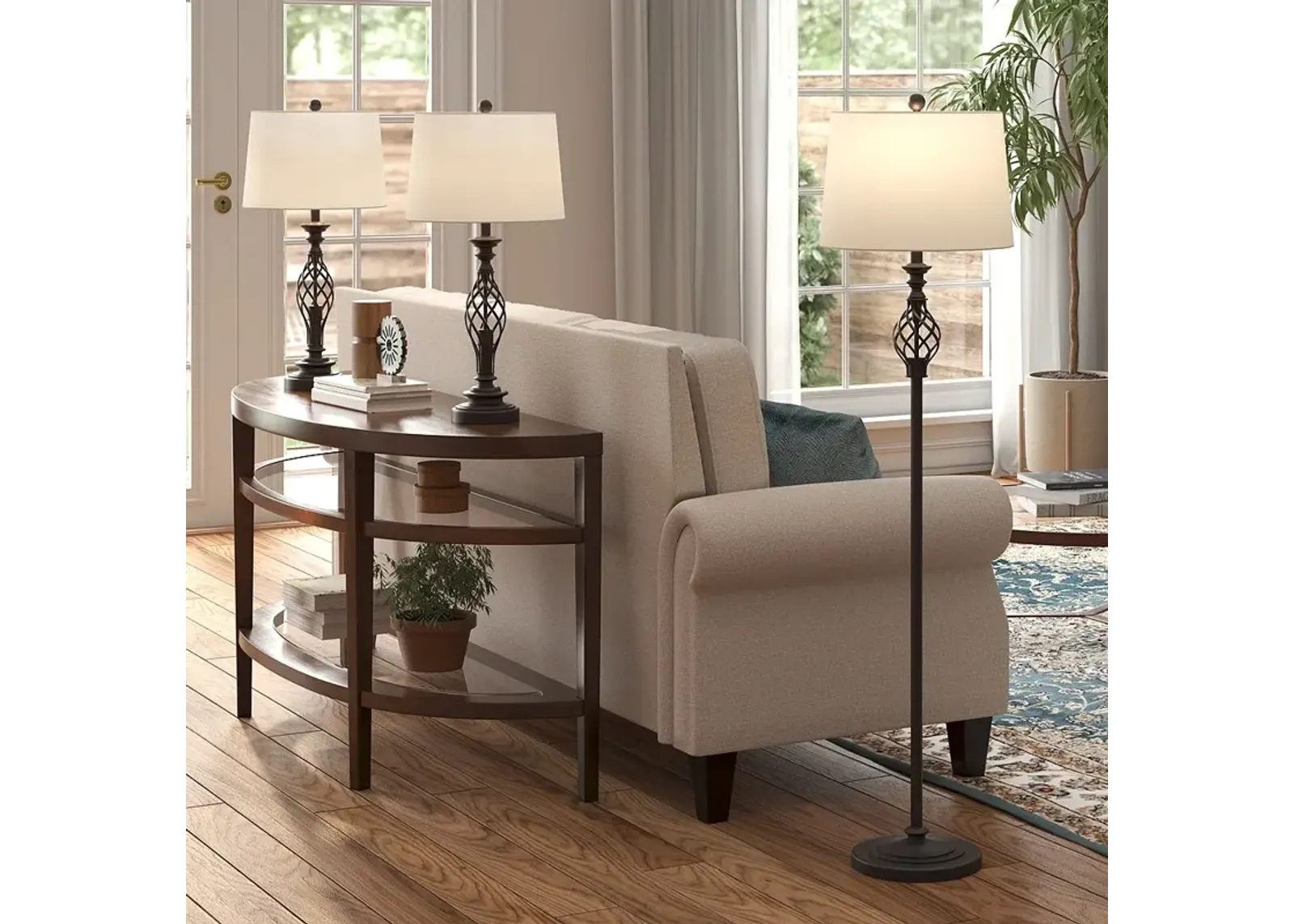 Regency Hill Classic Black Finish Metal Table and Floor Lamp Set