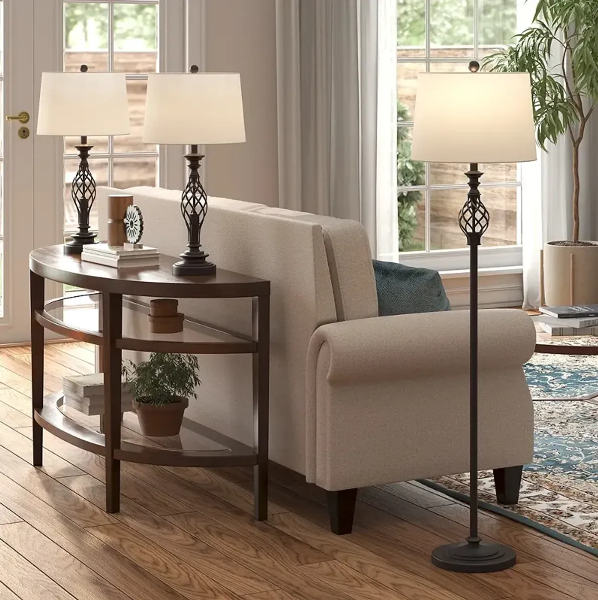 Regency Hill Classic Black Finish Metal Table and Floor Lamp Set