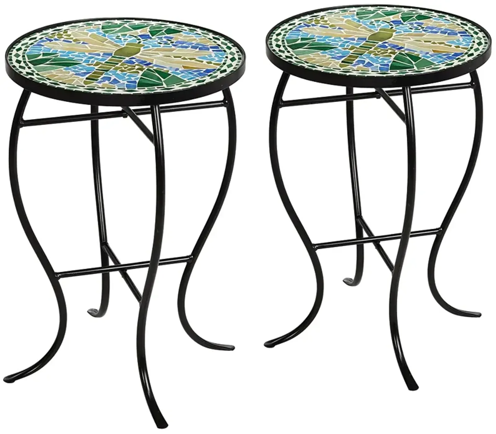 Dragonfly Mosaic Black Iron Outdoor Accent Tables Set of 2