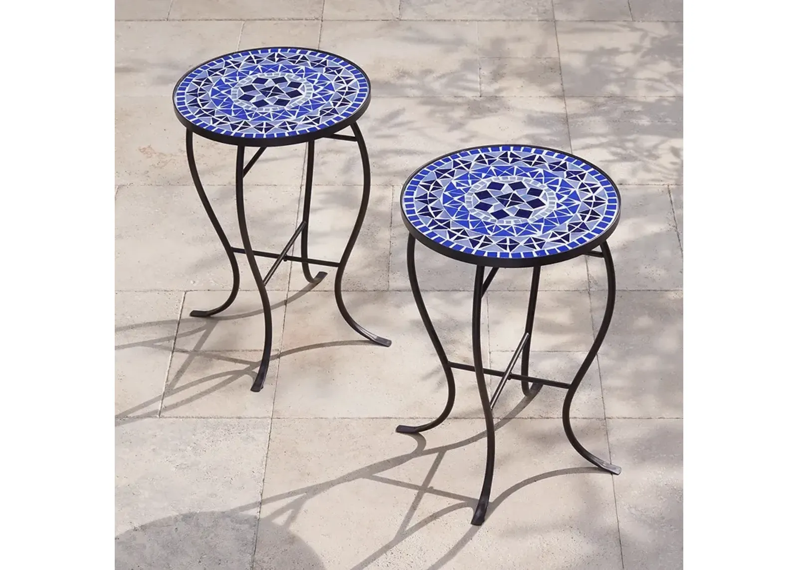 Cobalt Mosaic Black Iron Outdoor Accent Tables Set of 2