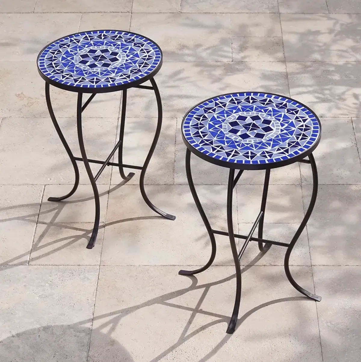 Cobalt Mosaic Black Iron Outdoor Accent Tables Set of 2