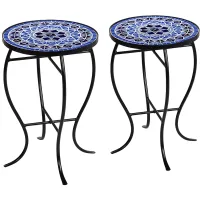 Cobalt Mosaic Black Iron Outdoor Accent Tables Set of 2